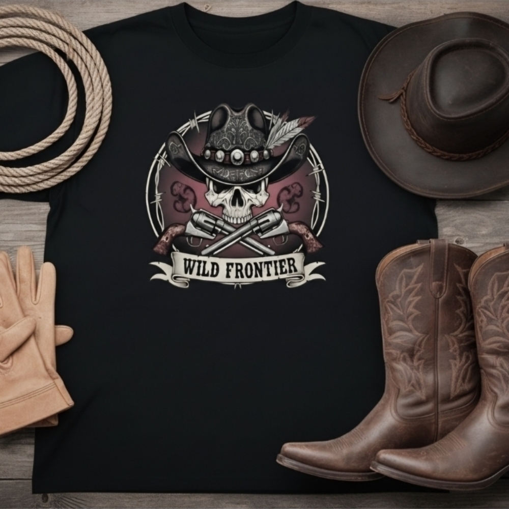 Wild Frontier Cowboy Skull Graphic Tee • Western Gunslinger Shirt • Country